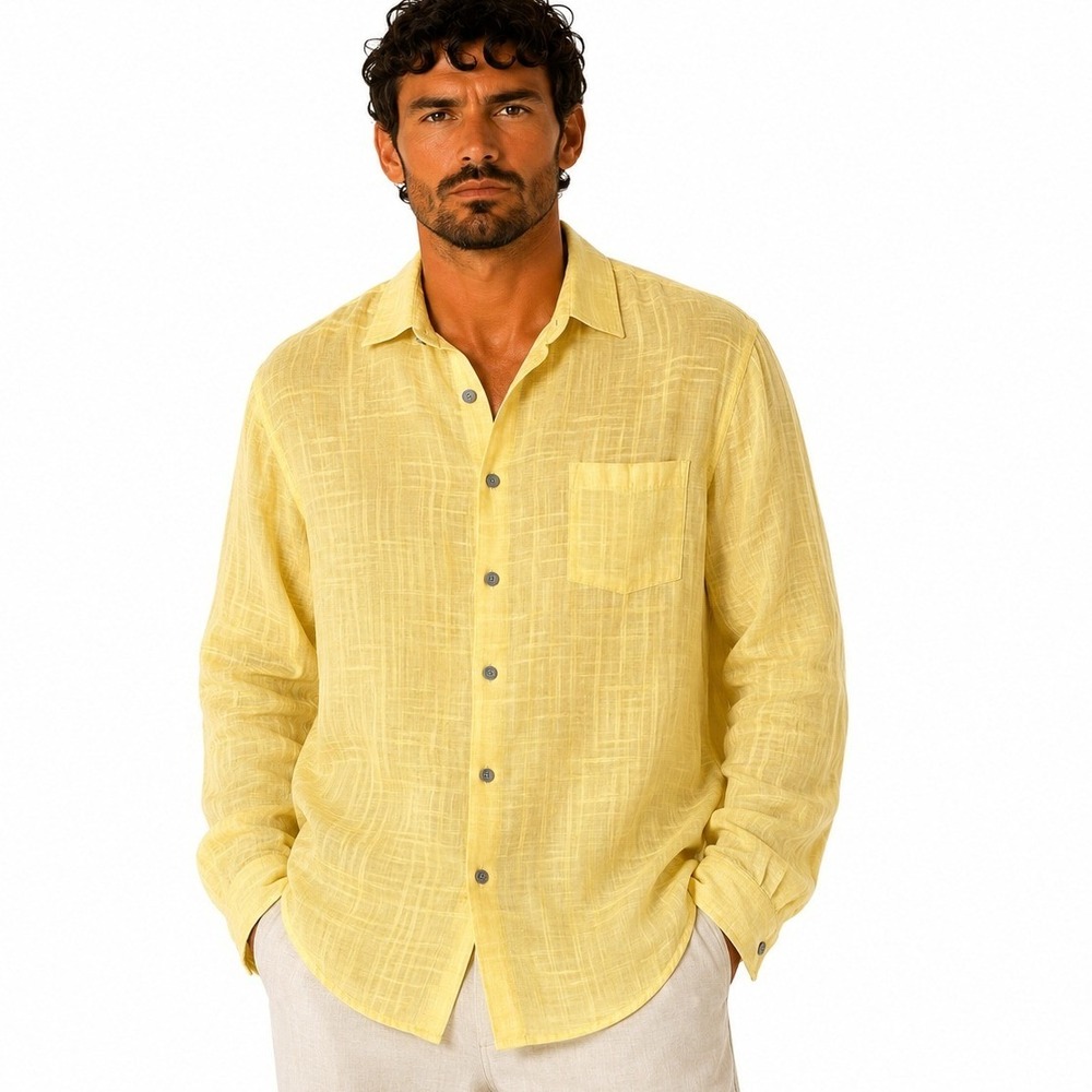 Caribbean Button Down Shirt Men XL Yellow Linen Blend Textured Long Sleeve